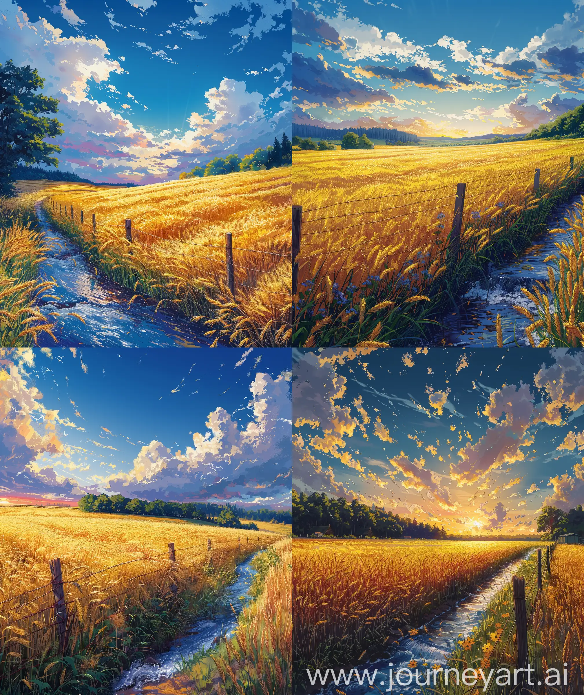 Anime-Style-Morning-Scenery-Golden-Wheat-Fields-and-Flowing-Stream