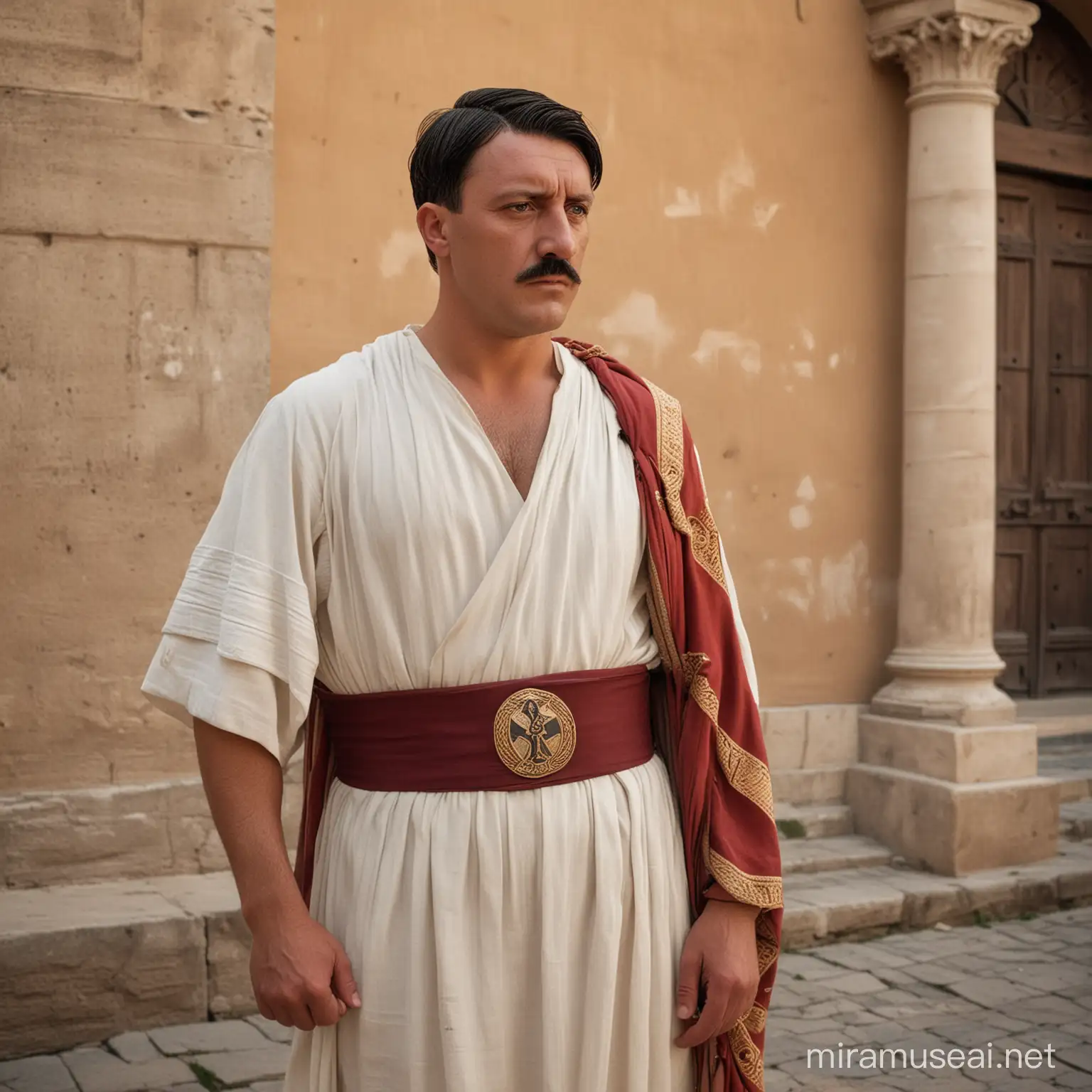 Photo medieval style: southern man around 30, dark hair, suntanned with a small Hitler beard, looks like Adolf Hitler. Dressed in an ancient Roman toga like a Roman senator, standing at a stand in a large medieval Mediterranean city, advertising the Senate election campaign and himself, Sigma 85mm f/1.4