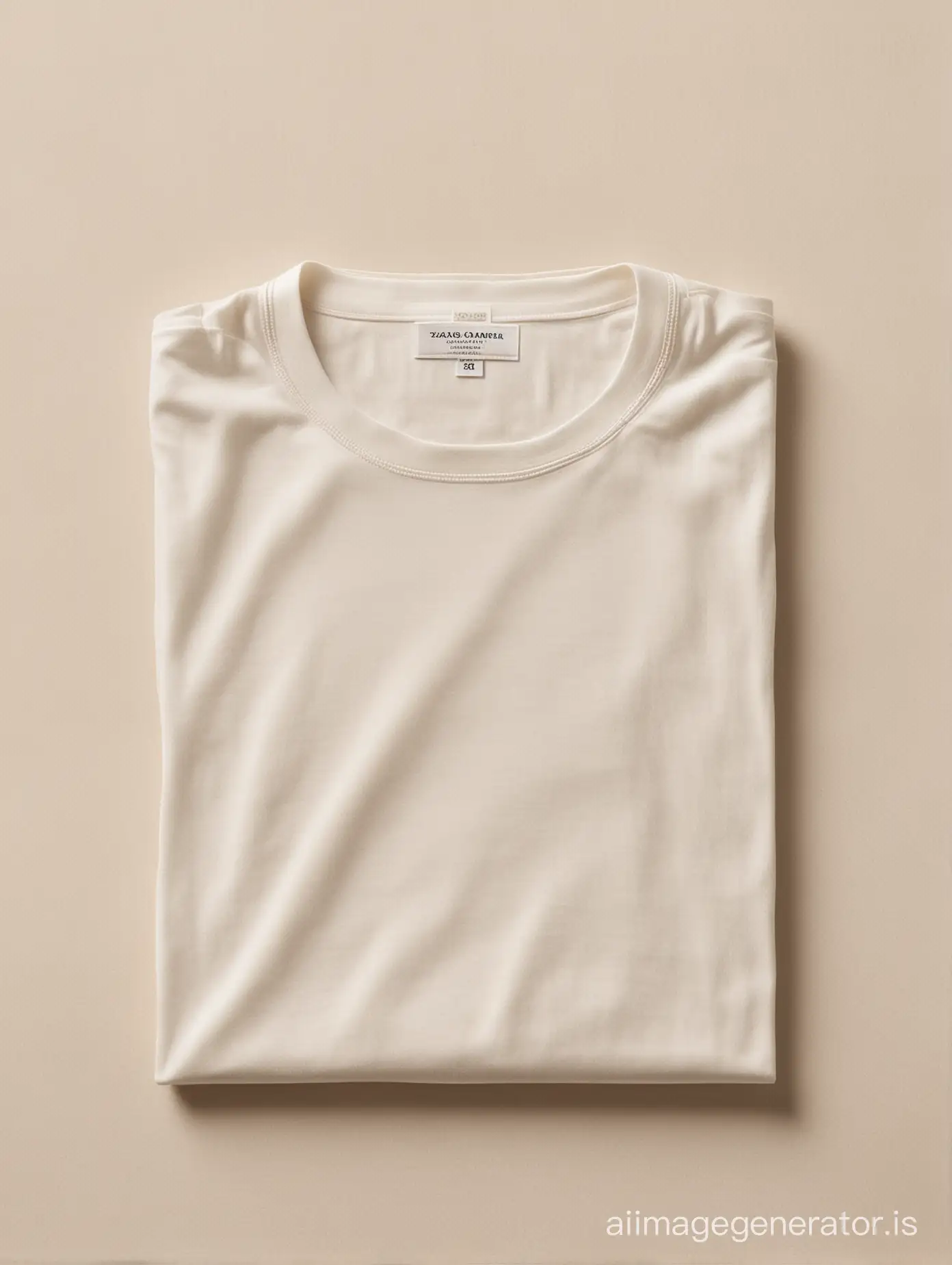 A high-resolution photo of a perfectly folded flat square white cotton t-shirt with one white label, styled for a Zara brand catalog. Warm natural sunlight streams in from the left side of the image, highlighting the rich texture  of the natural fabric. The t-shirt should be meticulously folded into a square, with sharp edges and no wrinkles or imperfections. Imagine the fold as a series of precise rectangles stacked upon each other, creating a flawless geometric form. Maintain a minimalist, clean background for a polished look. Highly textured cotton.