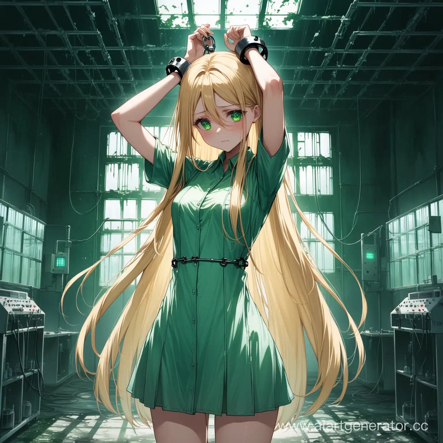 a beautiful girl, long blonde straight hair, green eyes, She is wearing a semi-transparent short dress, She is in an abandoned laboratory for experiments ,her hands are handcuffed above her head, she looks desperate