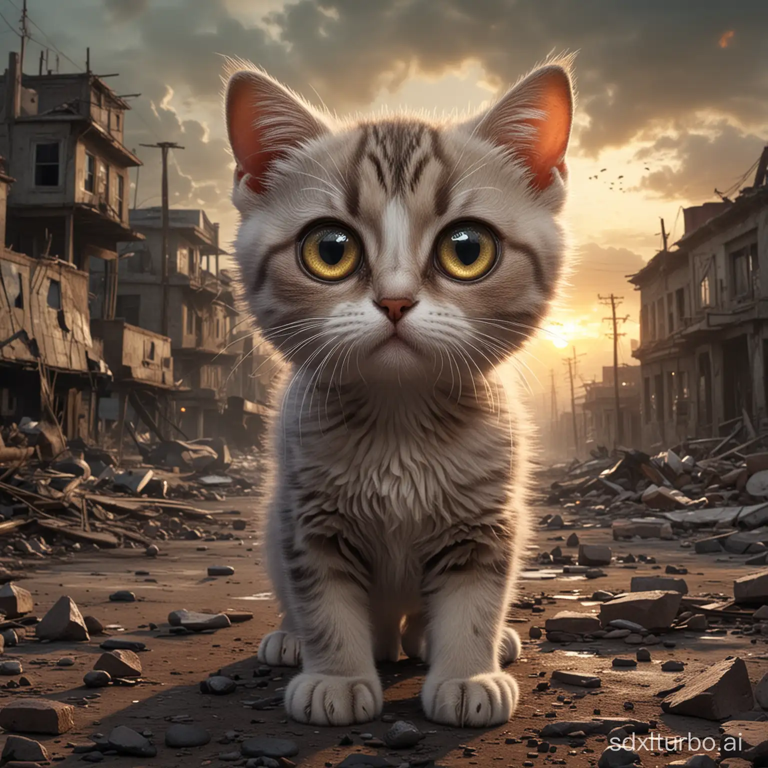 cute cat with big eyes in the apocalypse
