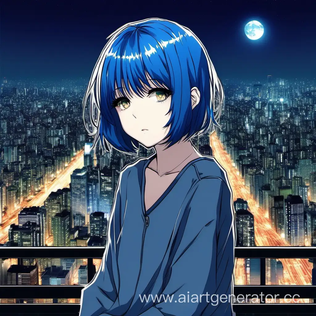 anime girl, blue bob haircut, night tokyo, thinking
