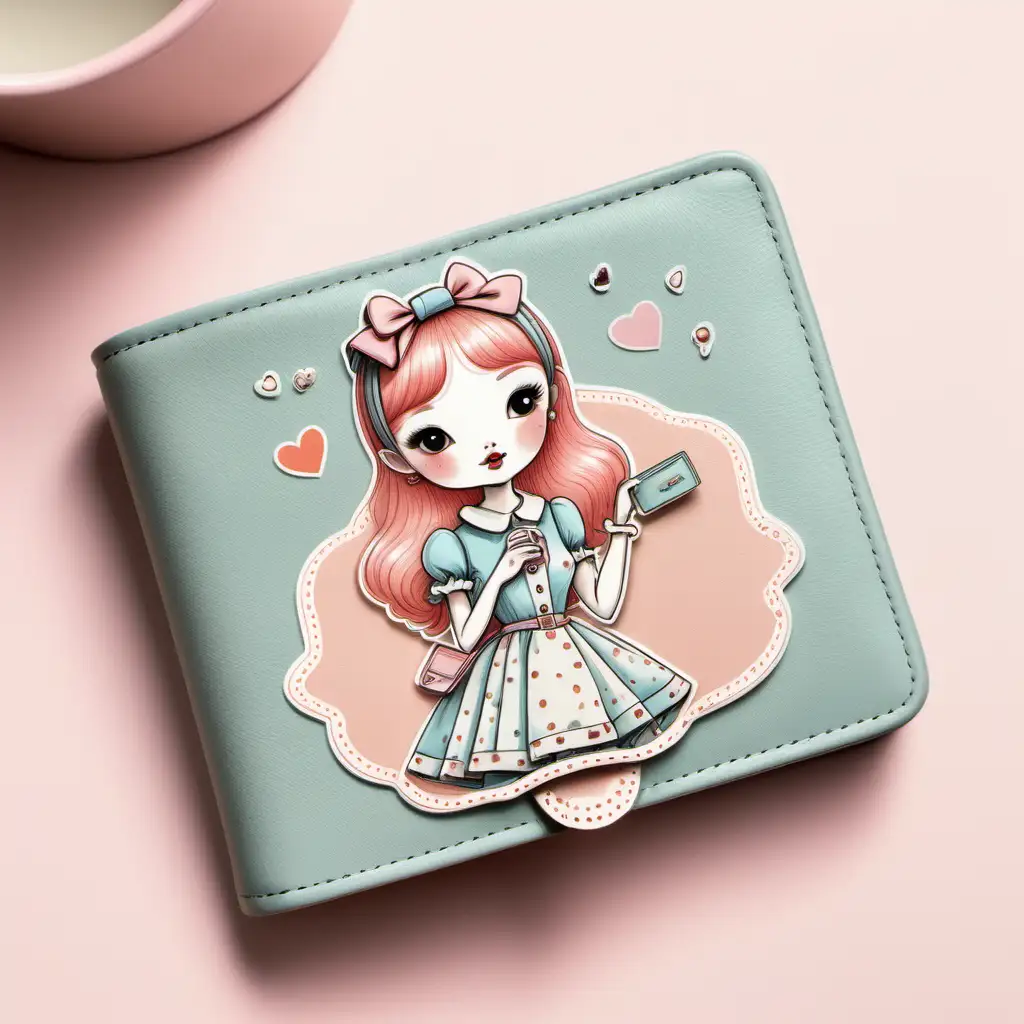 illustration, one coquette whimsical  wallet
, sticker,  soft, pastel colors, incorporate a touch of vintage-inspired design, and focus on conveying a charming and flirtatious vibe