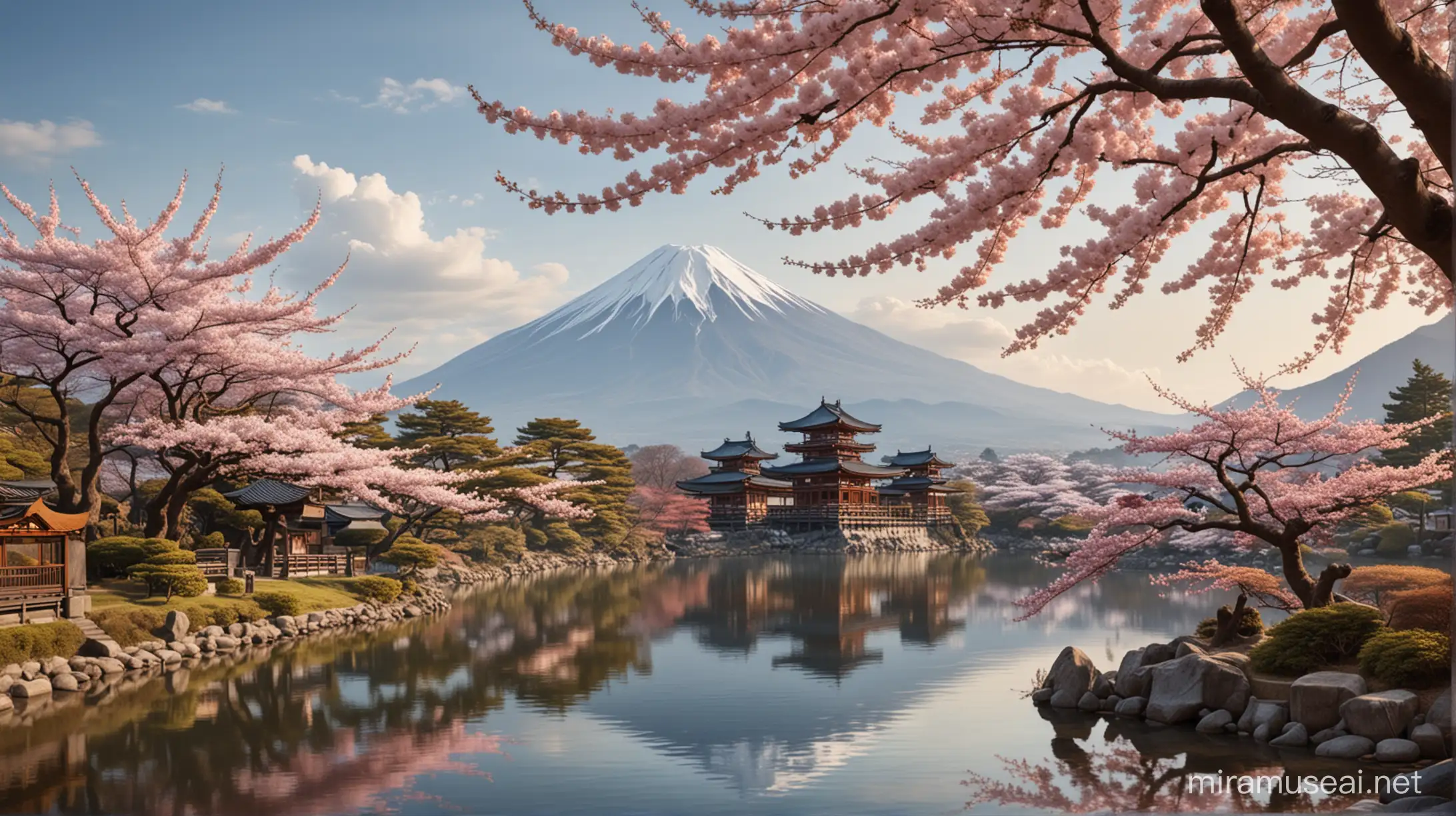 Japanes landscape with mount fuji, temples a lake and cherry blossom trees, around the year 1700 photo realism

