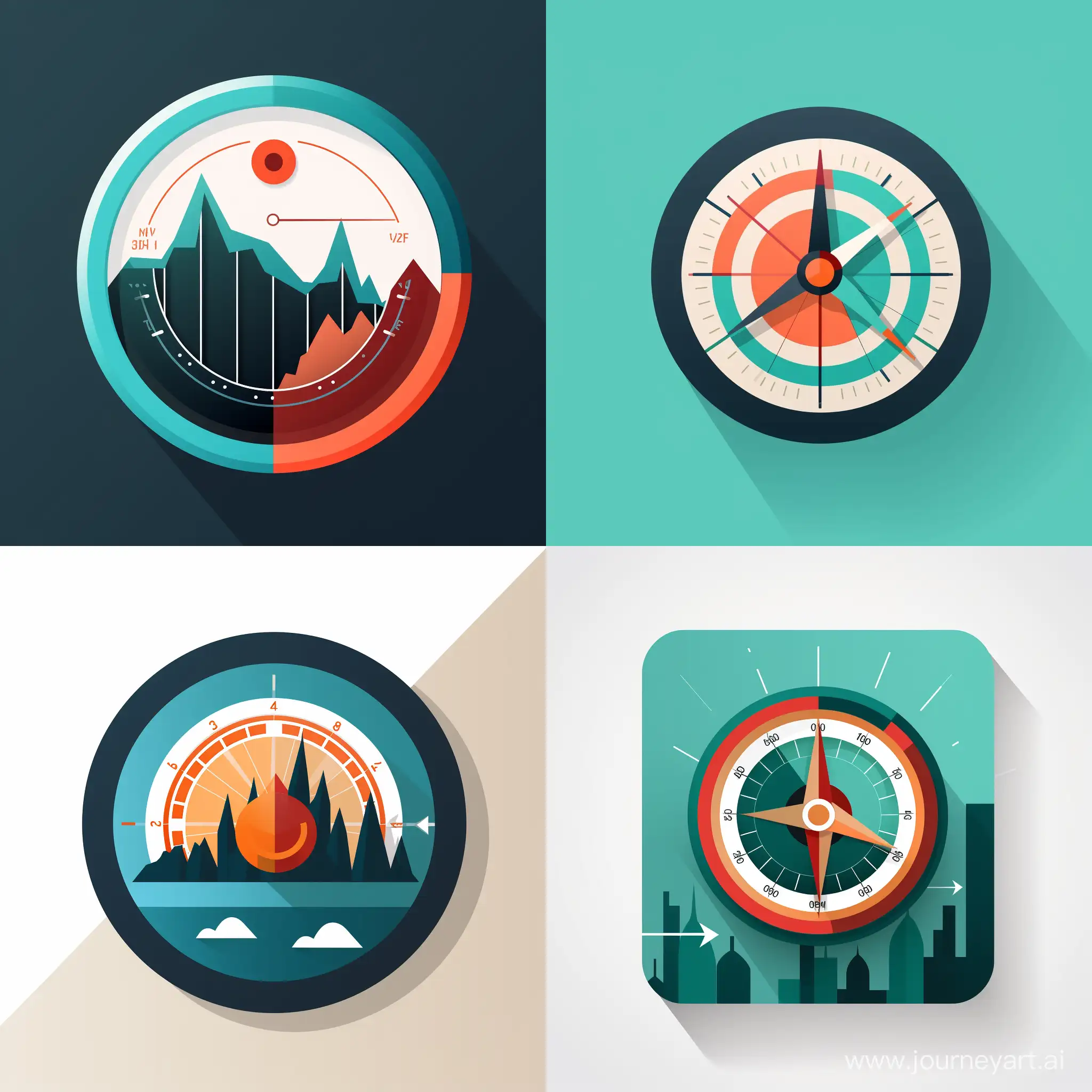 Design a flat vector mobile app icon with a stylized a modern compass icon, where the directional needle is replaced with a stylized line graph. This design symbolizes financial navigation and skillful investing. The line graph signifies the path of smart investments, guiding users toward financial success with a sense of precision and strategy.