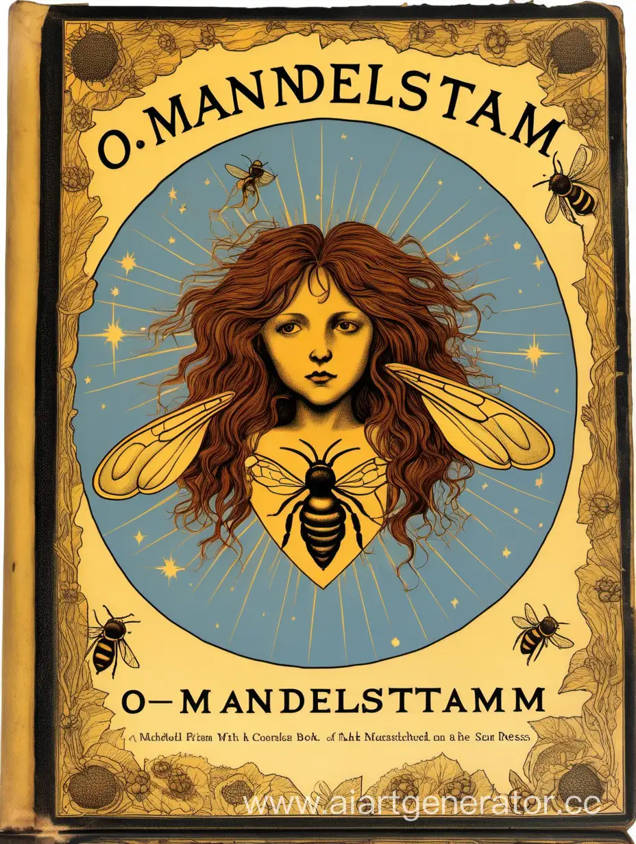 коричневая книга на обложке которой сверху написано "О.Мандельштам", наверху изображено небо и солнце в виде осиного гнезда, по середине изображена девушка с каштановыми волосами, справа красивое сердце, рядом с солнцем ожерелье из пчёл