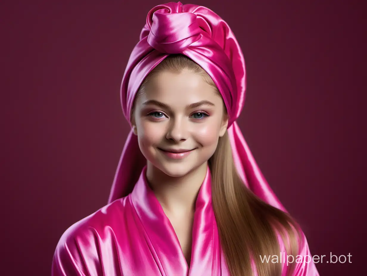 Yulia Lipnitskaya smiles beautifully with long, straight, silky hair in a luxurious, delicate, silk robe in the color of pink fuchsia with a pink silk towel turban on her head.