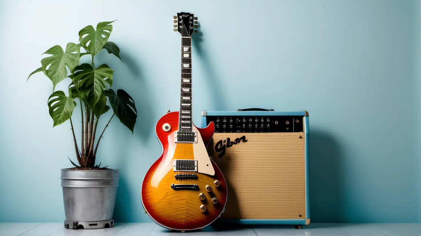 gibson les paul in ciel color, with six strings and six tuning pegs, against a bright wall, decoration has a plant and a guitar amplifier, minimal