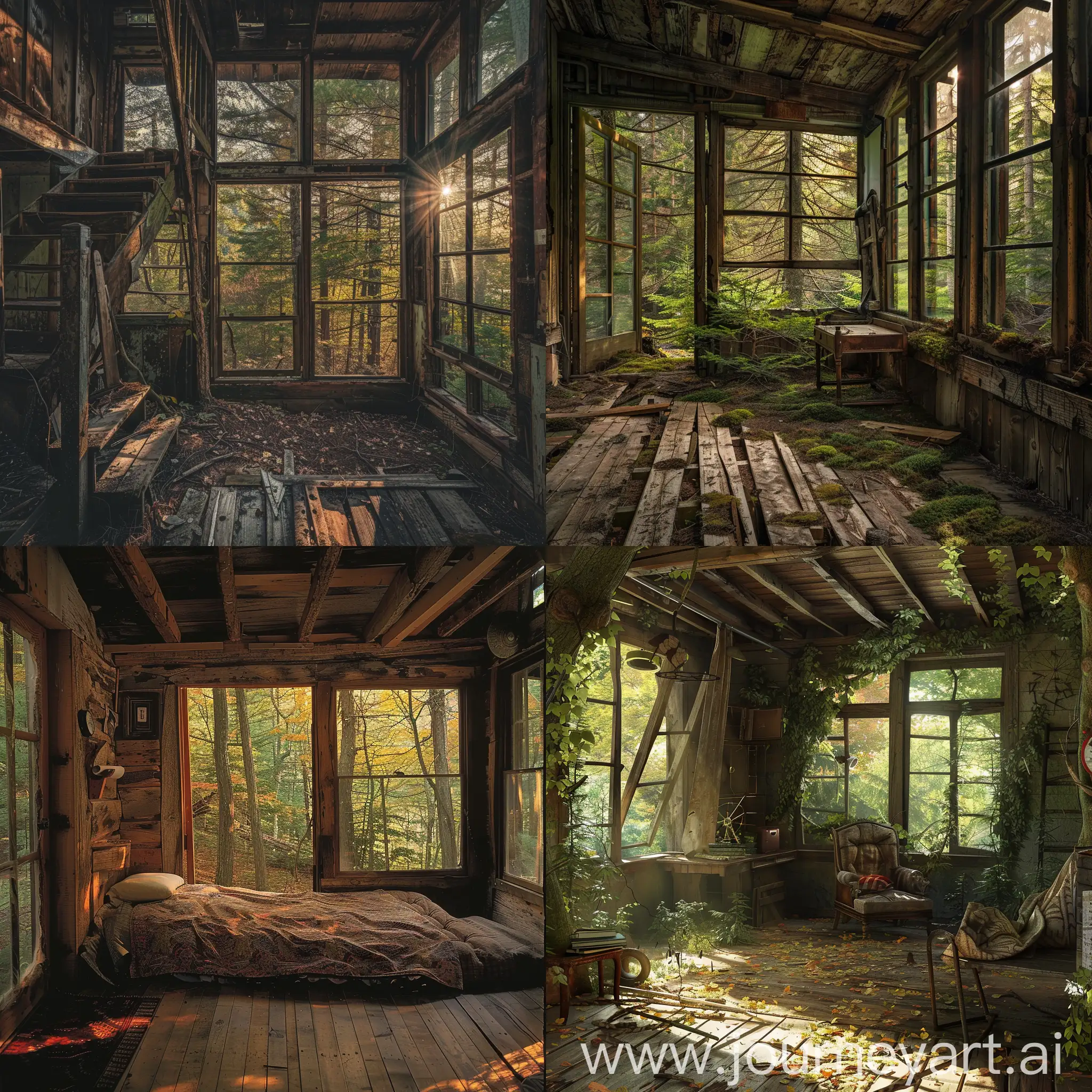 interior cabaña vieja bosque