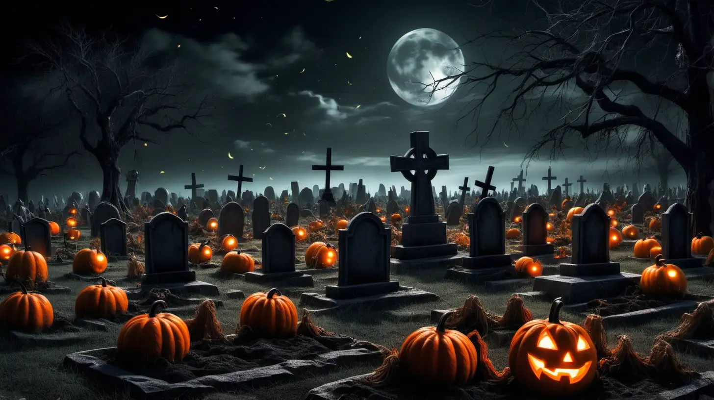 Eerie Night in an Ancient Graveyard with Glowing Pumpkin Patch