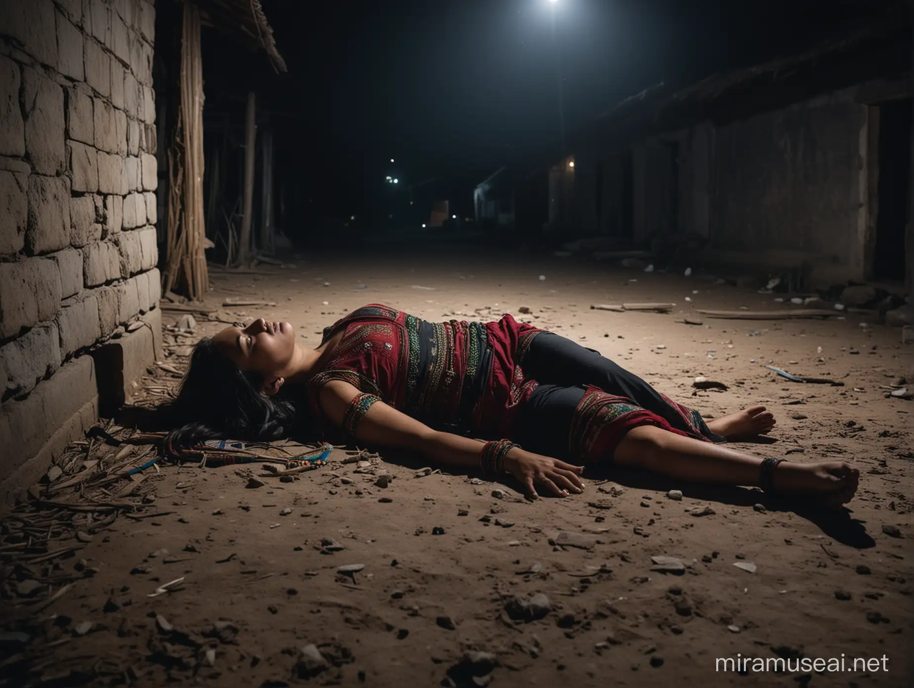 Unconscious Maya Woman in Dark Village at Night