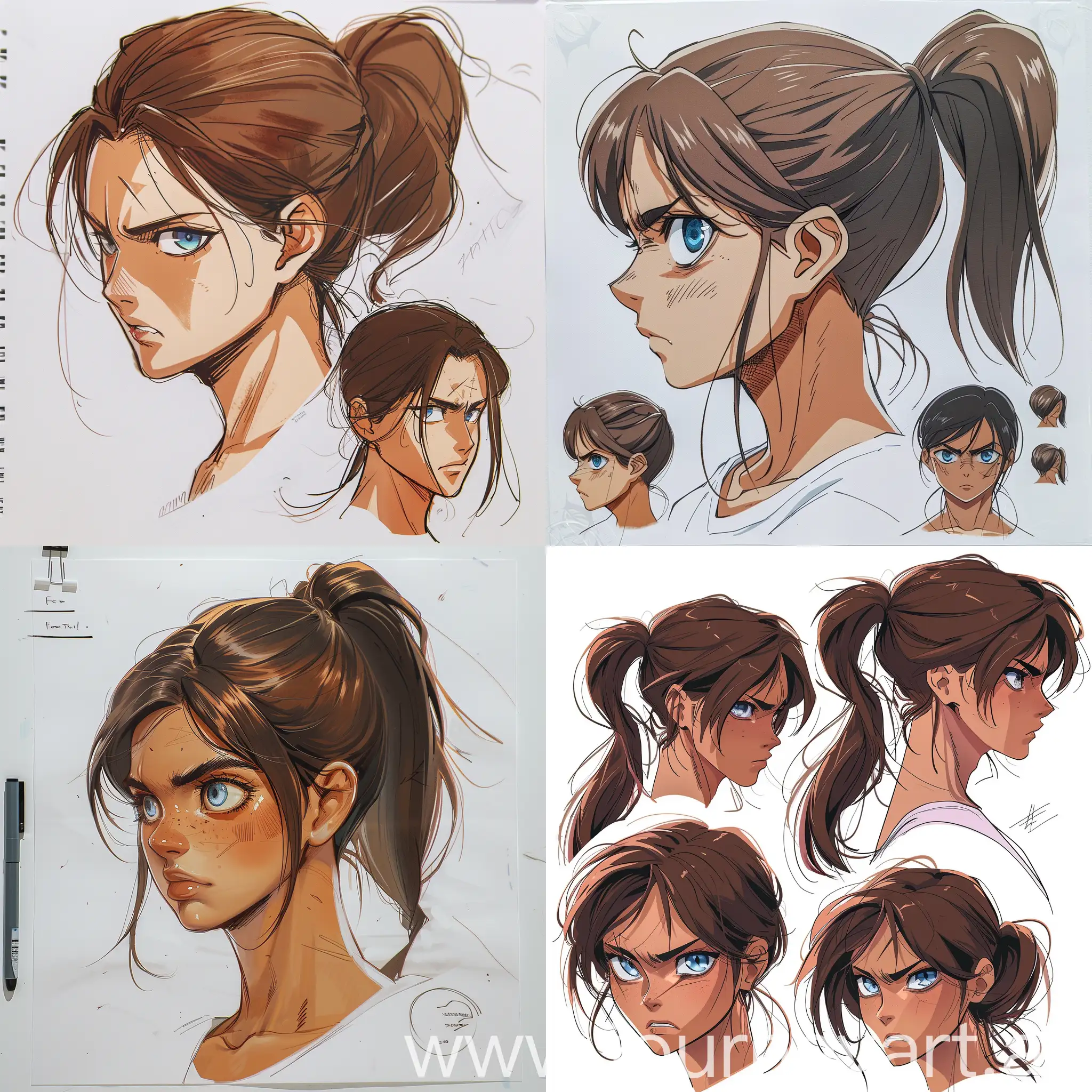 Beautiful young brunette girl, loose ponytail, sharp eyes, tan skin, blue eyes, head, muted pastel colors, close up character design, concept design sheet, white background, detailed, retro style, attack on titan