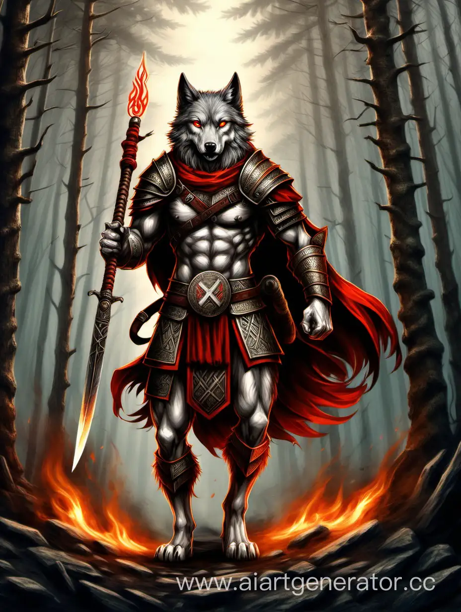 Ancient-Old-Slavonic-Rune-Warrior-with-Fiery-Wings-in-Dense-Coniferous-Forest