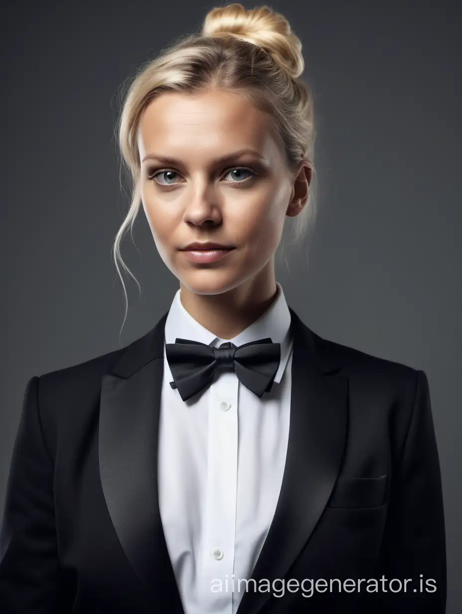 confident and sophisticated Swedish woman wearing a black tuxedo with a white shirt and a black bow tie