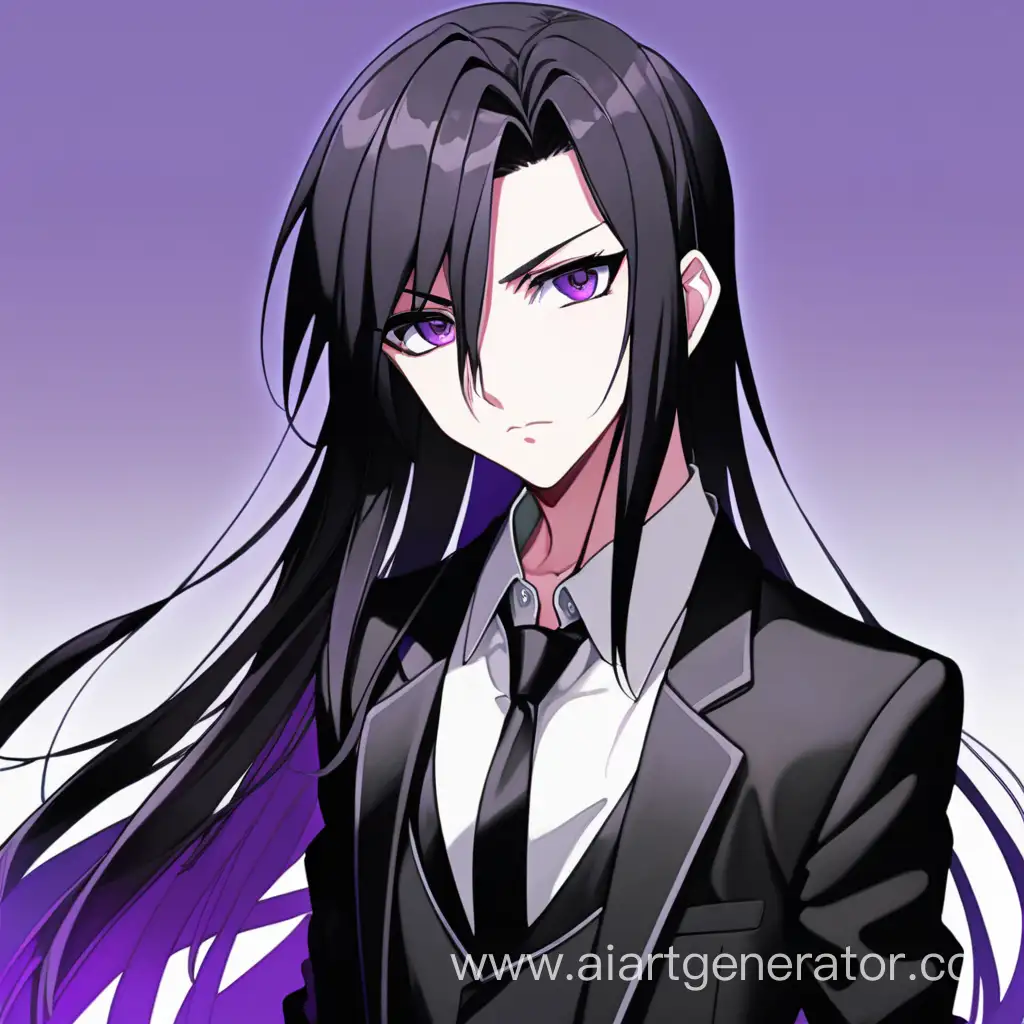 Anime,Long hair,Boy,Androgyne,standing,purple eyes,black suit,