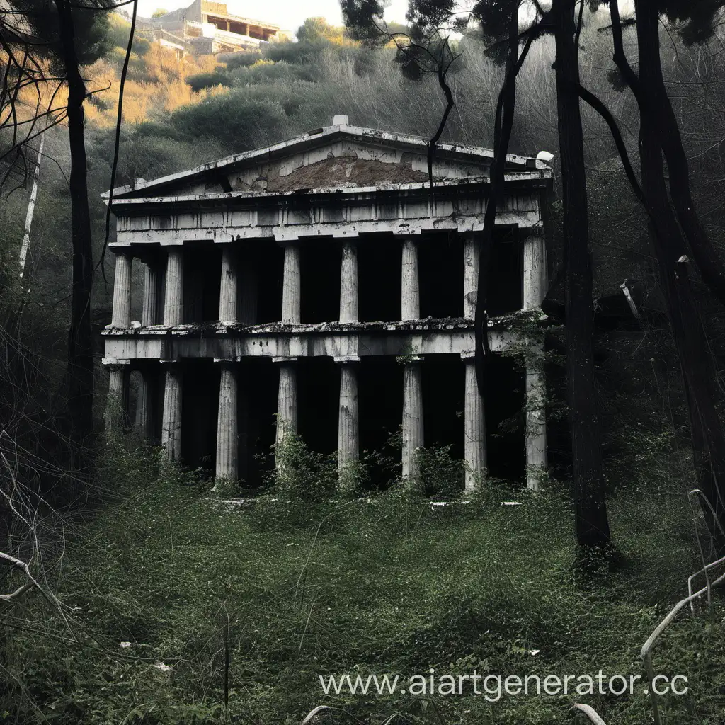 Dark dense forest, and an abandoned Greek building