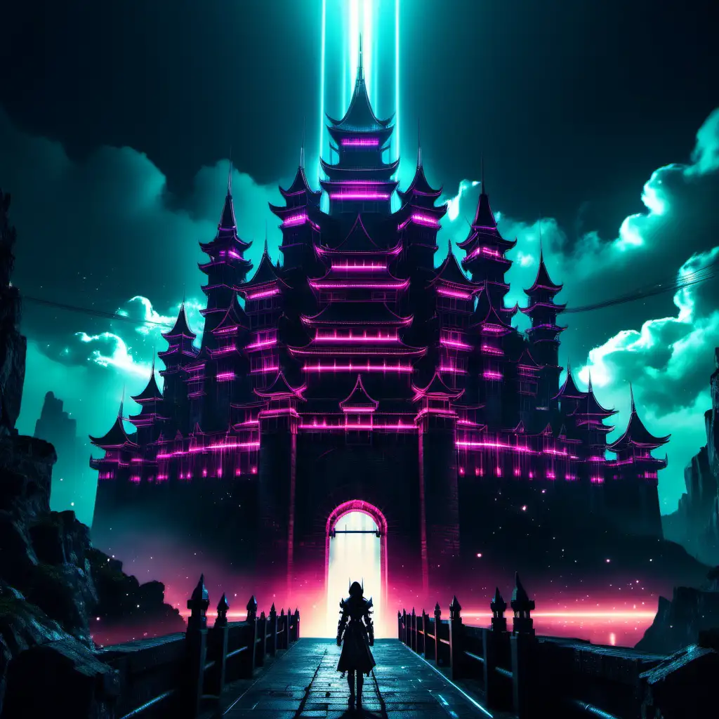 high tech scifi fantasy kingdom cyberpunk knight castle beautiful japanese mystical lights 