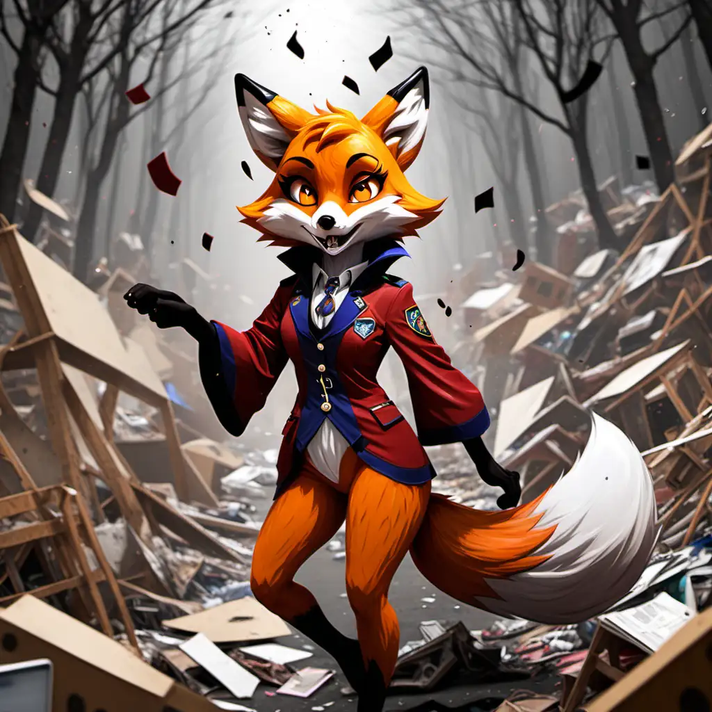 A female fox fursona surround by chaos