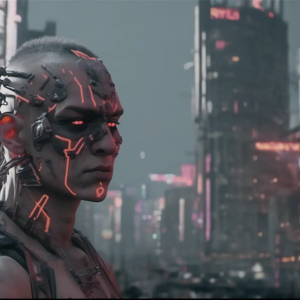 Highly resolution cyberpunk 8k with full body orc walking in dystopia background cut and show full body  head to legs 