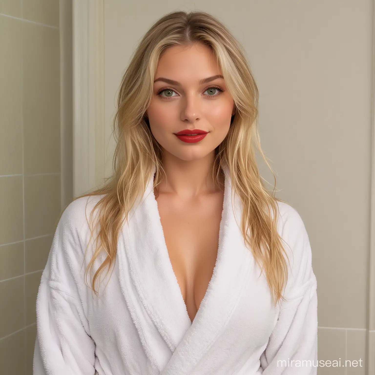 Lucy is a nice blonde female student, mid twenties, long blond hair, attractive face, green eyes, full red lips, marked cheekbones. five feet six inches tall, full young bosom. Measurement 38-24-36. She is stark naked under her white fluffy bathrobe. Standing in the bathroom 