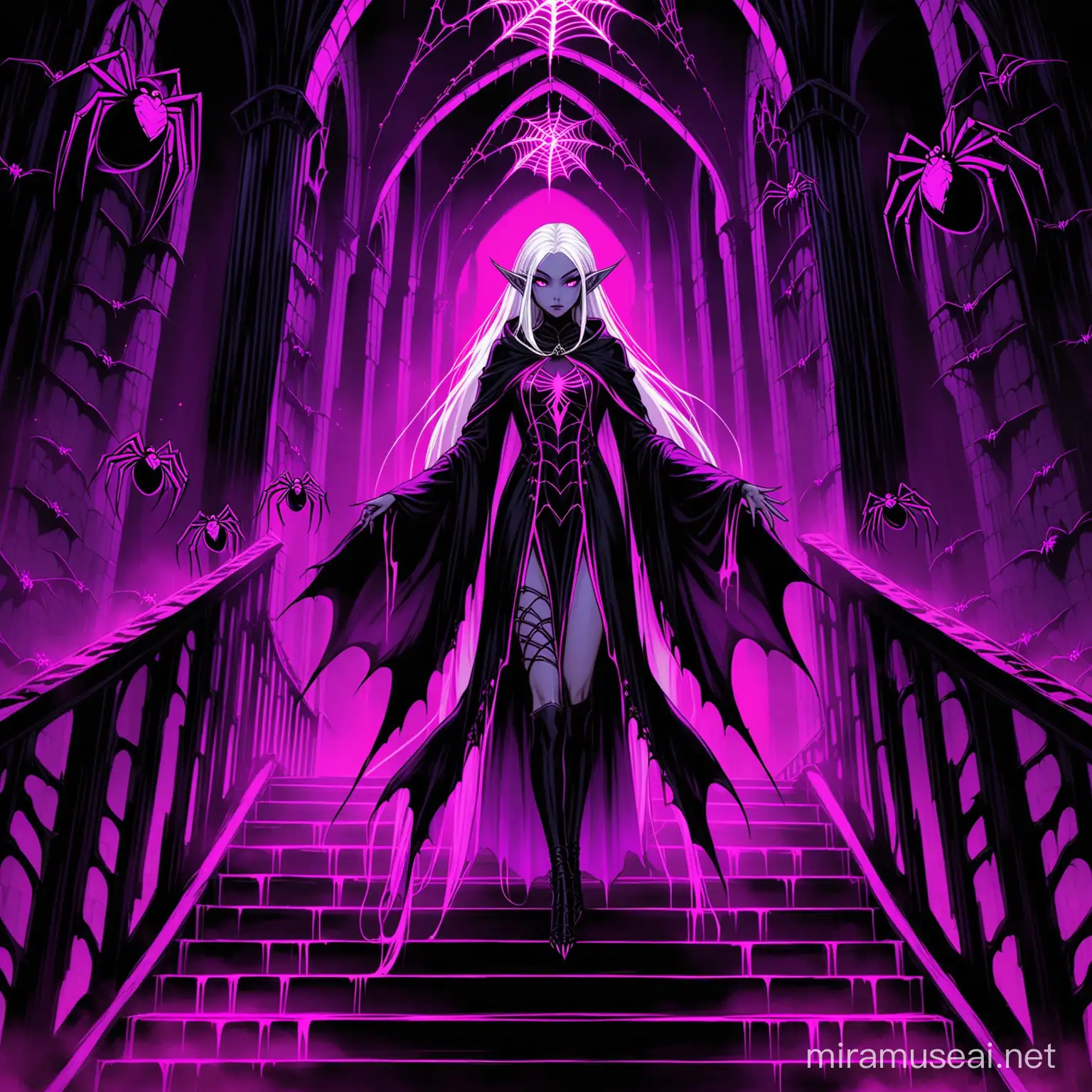 Dark Elf woman, wearing black and purple robes with depictions of spiders on them, her eyes are neon pink, and her hair is short and white, she is descending a dark staircase in a high gothic castle.