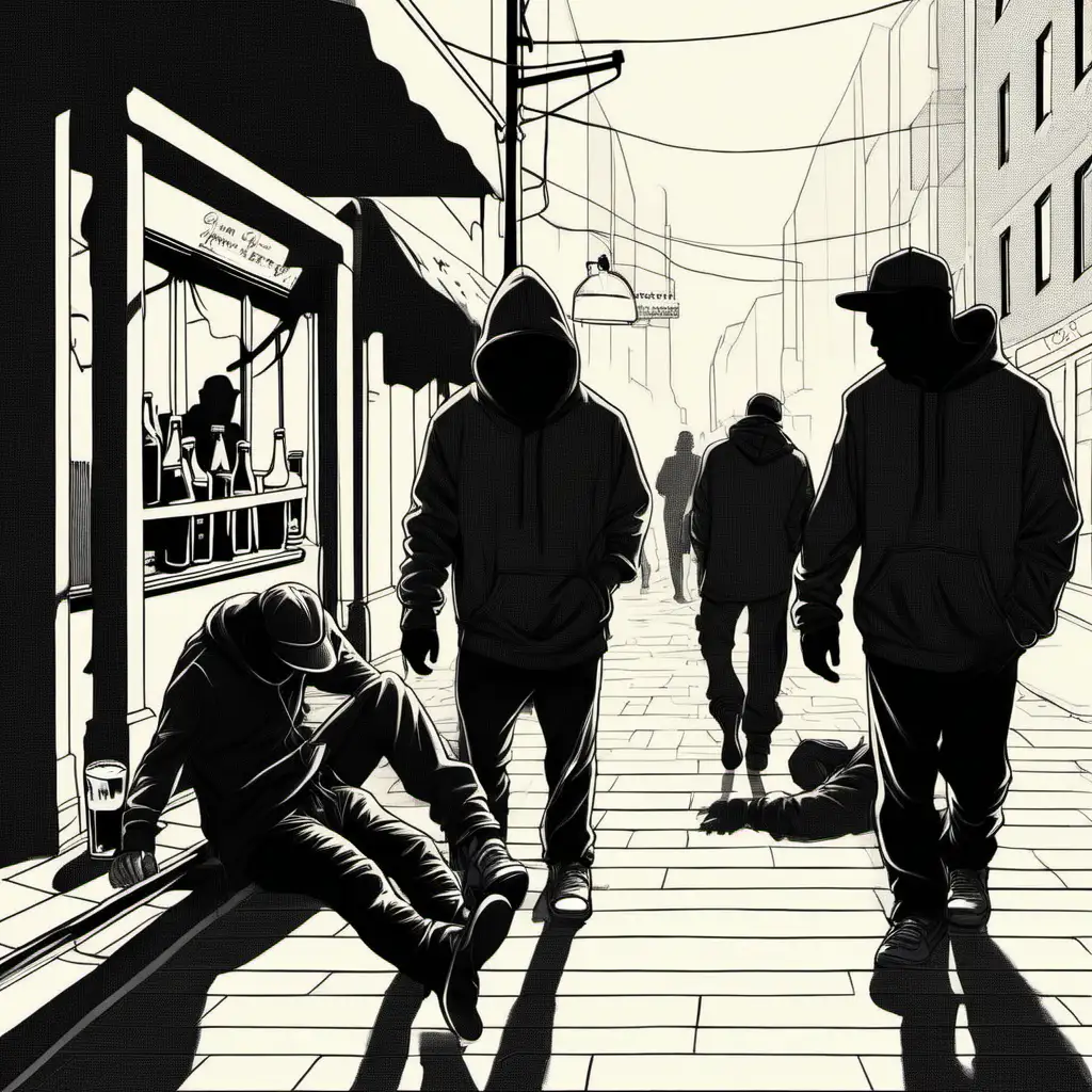 Man in a hoodie and caps passed out on the sidewalk, beer in his hand, finely dressed people walking by. silhouette 