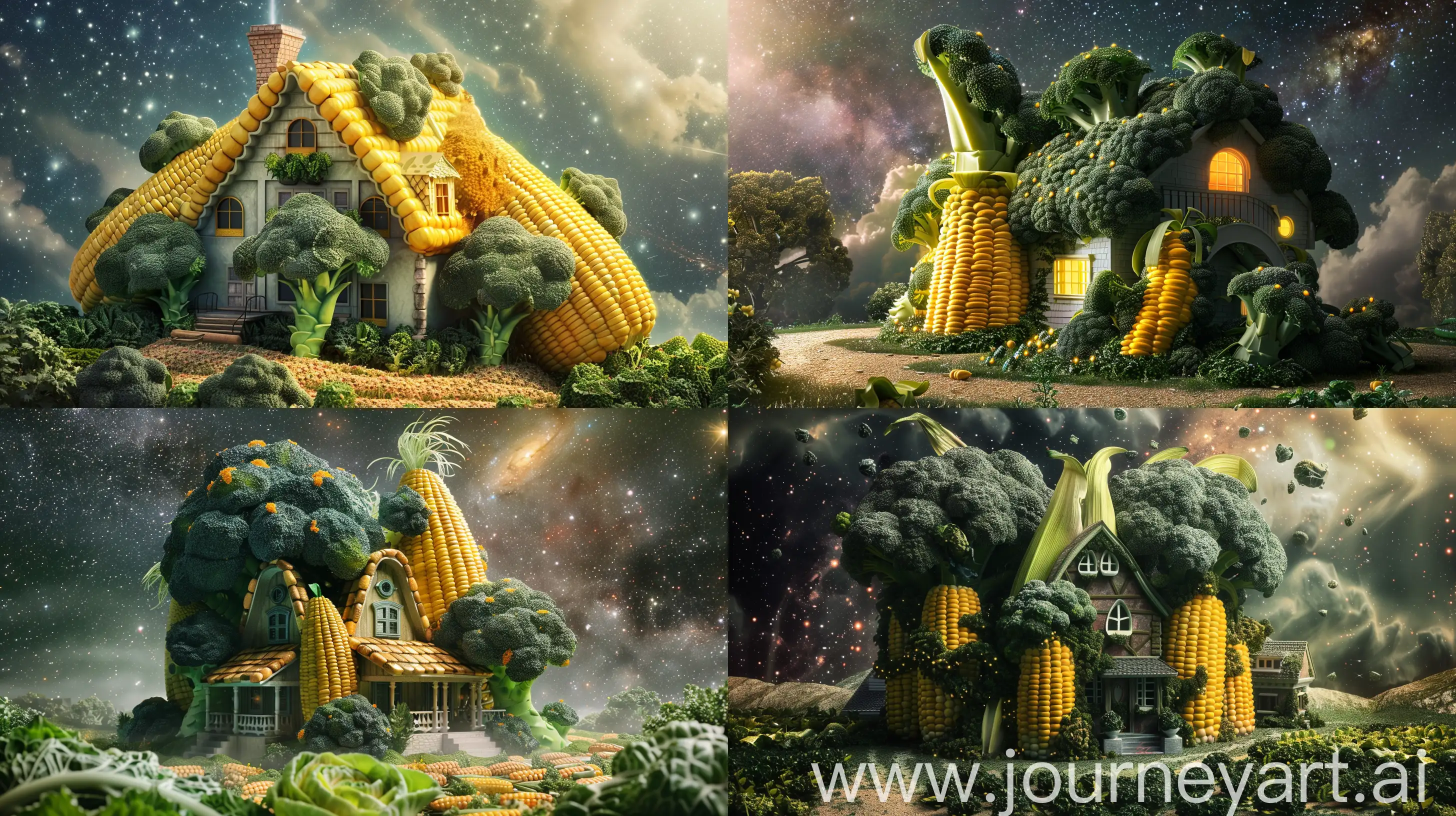 big house in the shape of corn and broccoli, in the galaxy, fantasy style, beautiful, realistic --ar 16:9