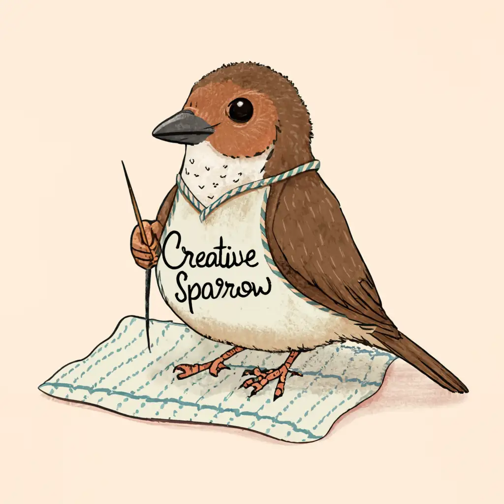 a logo design,with the text "Creative sparrow", main symbol:A whimsical digital illustration for my logo featuring a sparrow dressed as a tailor, complete with apron. The bird is sewing clothes with needle and thread holding them with its tiny beak while the words "Creative Sparrow" are embroidered onto both the fabric.and on banner behind the bird The background is a colorful, patterned fabric that resembles a bird's feathers, enhancing the playful and imaginative atmosphere of the scene. The overall effect is a delightful blend of fashion and nature, with a touch of humor and creativity., illustration, graffiti, painting,Minimalistic,clear background
