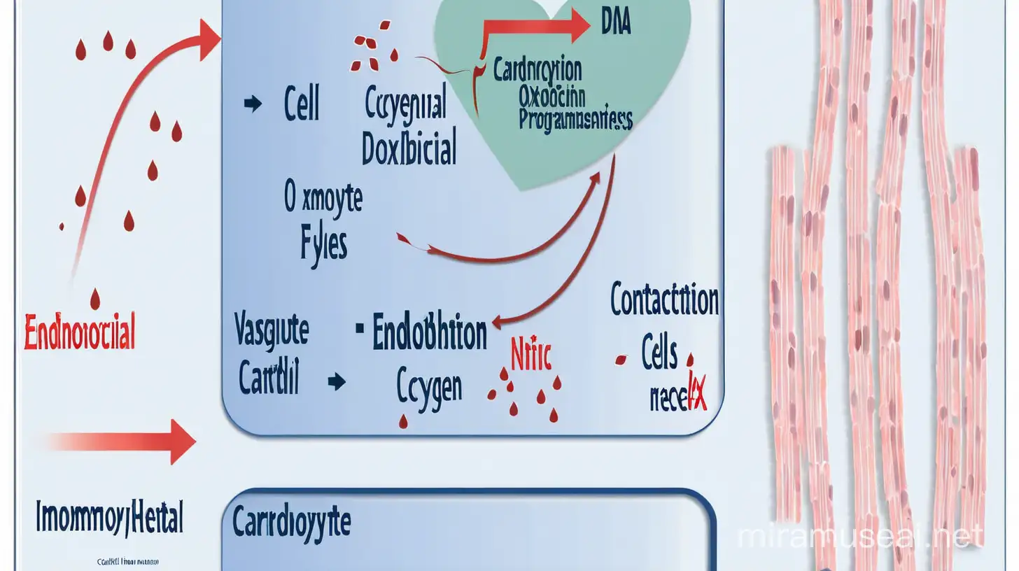 Endothelial Cell Dysfunction: Doxorubicin can directly damage endothelial cells lining blood vessels within the heart. This damage disrupts the normal functioning of endothelial cells, leading to endothelial dysfunction. Endothelial dysfunction is characterized by impaired production of nitric oxide (NO), increased oxidative stress, inflammation, and reduced vasodilation capacity. This dysfunction contributes to impaired coronary blood flow regulation, increased vascular permeability, and altered angiogenesis within the myocardium.

Cardiomyocyte Damage: Doxorubicin-induced cardiotoxicity primarily affects cardiomyocytes, the contractile cells of the heart. Doxorubicin enters cardiomyocytes and interferes with various cellular processes, including DNA damage, mitochondrial dysfunction, and oxidative stress. These disruptions lead to cardiomyocyte injury, apoptosis (programmed cell death), and ultimately, myocardial damage. Cardiomyocyte damage contributes to the development of cardiac dysfunction, such as impaired contractility and relaxation, and can progress to heart failure.

Interactions: The interaction between endothelial cells and cardiomyocytes plays a significant role in the pathogenesis of doxorubicin-induced cardiotoxicity. Endothelial dysfunction can impair the supply of oxygen and nutrients to cardiomyocytes, exacerbating their vulnerability to doxorubicin-induced damage. Furthermore, damaged endothelial cells release various factors such as inflammatory cytokines, reactive oxygen species (ROS), and endothelin-1, which can directly affect cardiomyocyte function and viability. Conversely, injured cardiomyocytes release factors such as cardiac troponins, cytokines, and growth factors, which can further disrupt endothelial function and exacerbate vascular damage.