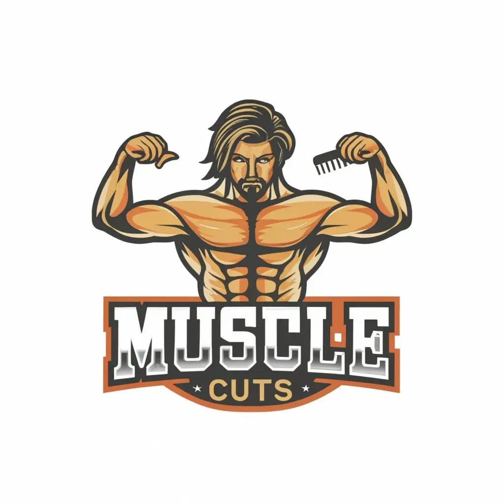 a logo design,with the text "Muscle Cuts", main symbol:Hair, comb, muscle, man,Moderate,clear background