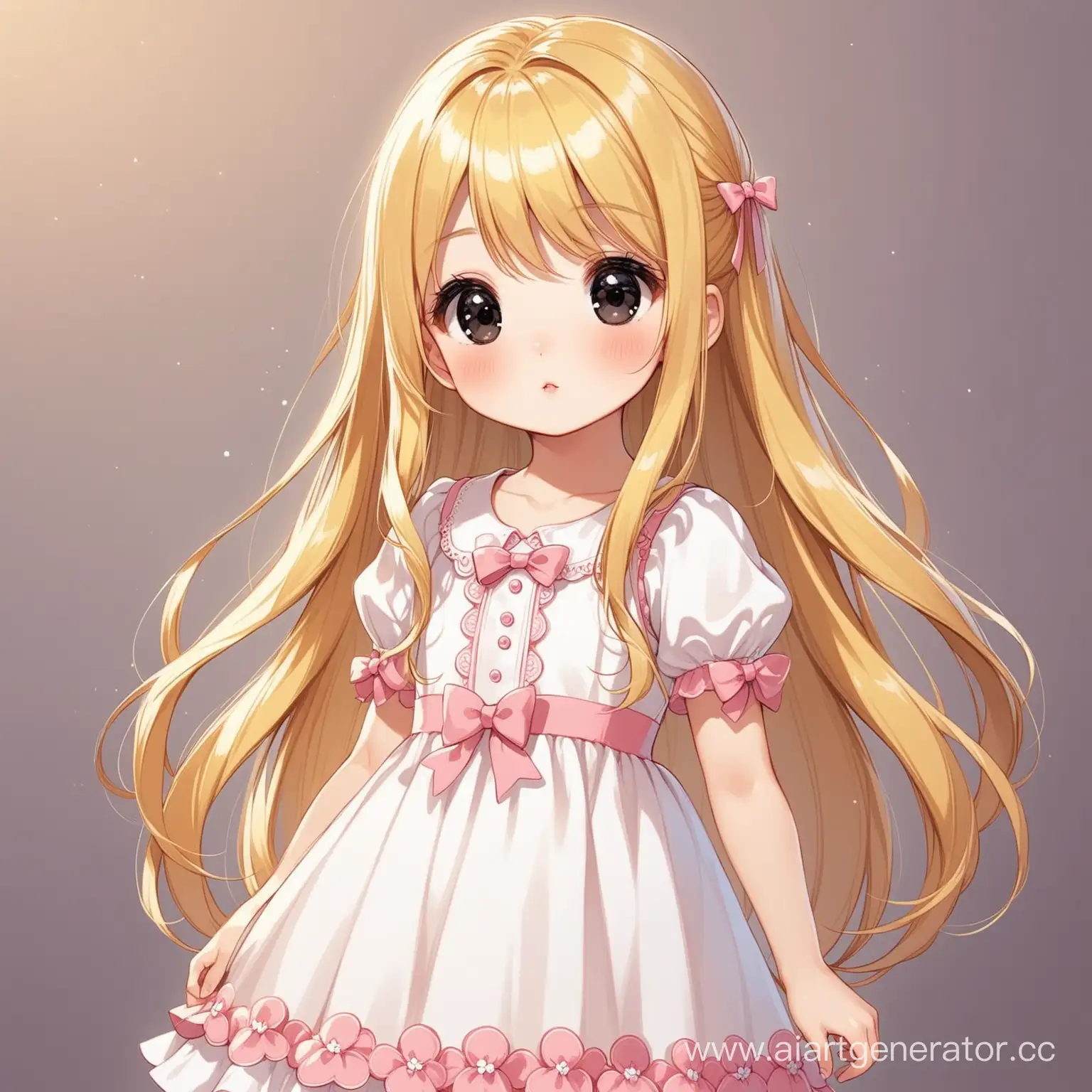 little girl, long blonde hair, black eyes, dressed in a cute dress