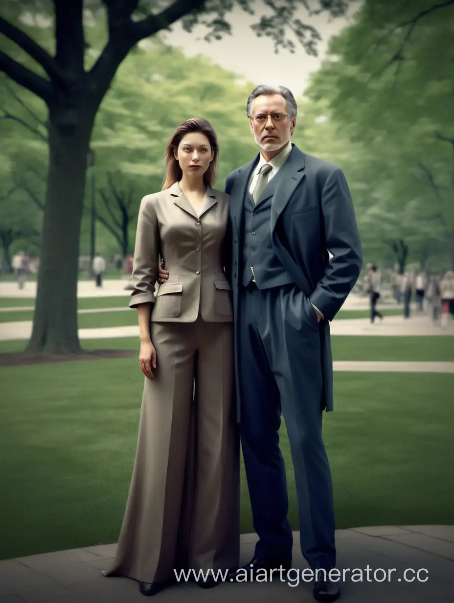 (((couple standing in a beautiful park))), slim woman stocky man, full body, leibovitz art, grainy, realistic, hyperrealistic, very realistic, very very realistic, highly detailed, very detailed, extremely detailed, detailed, digital art, trending on artstation, detailed face, very detailed face, very detailed face, realism, HD Quality, 8k resolution, intricate details, colorized photograph, colorized photo. Sharp focus,