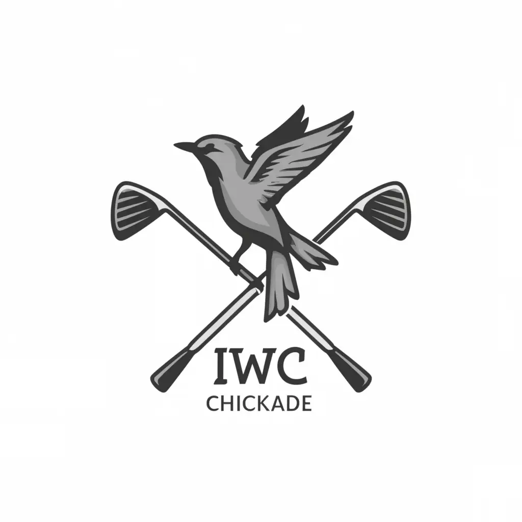 a logo design,with the text "IWC", main symbol:A Chicakadee bird perched with two golf clubs crossed in an "x" behind the bird with the words IWC below,Moderate,clear background