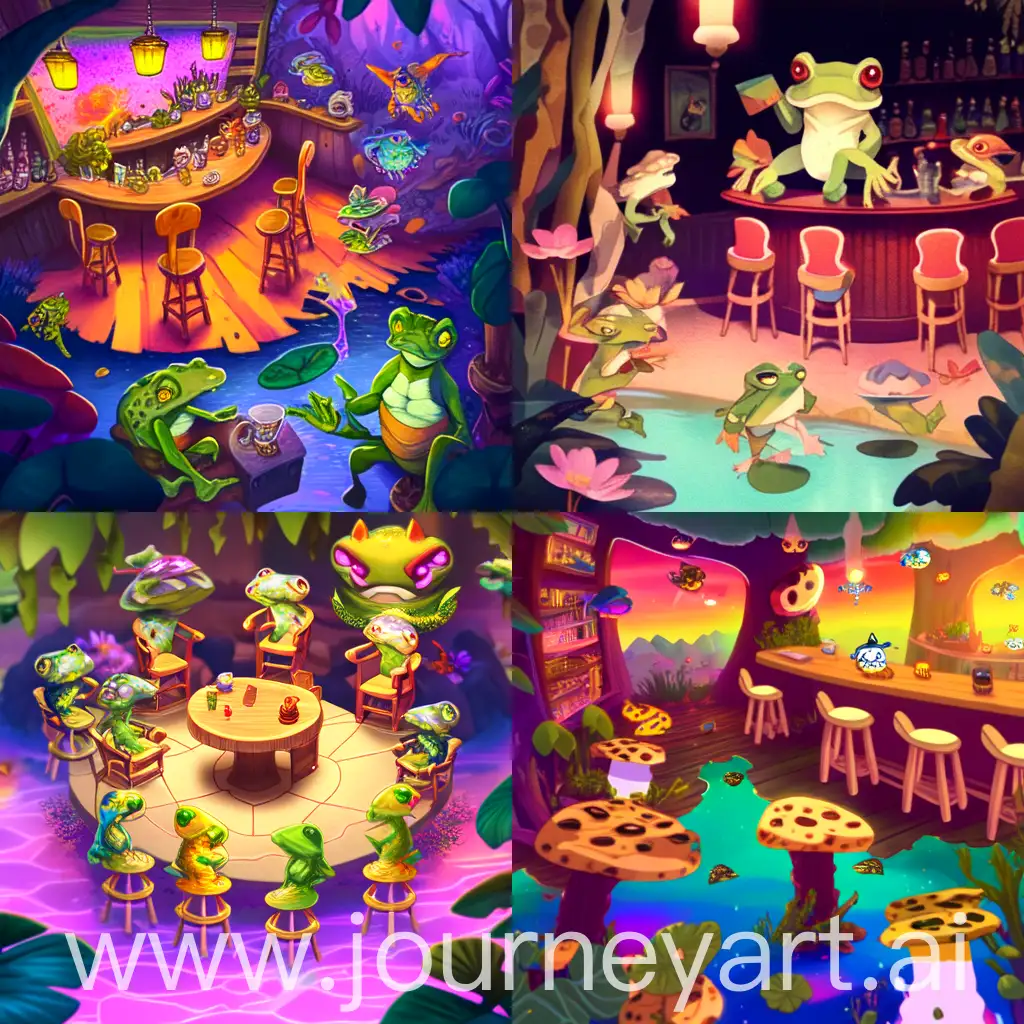 'In the style of a woodland animal fairy tale ((hexagonal log pop bar, large black-spotted frog and  several smaller frogs))(focus) sitting on bar stools drinking a drink, charming and friendly characters on a vibrant and colorful background capture the eye and spark the imagination of young readers.