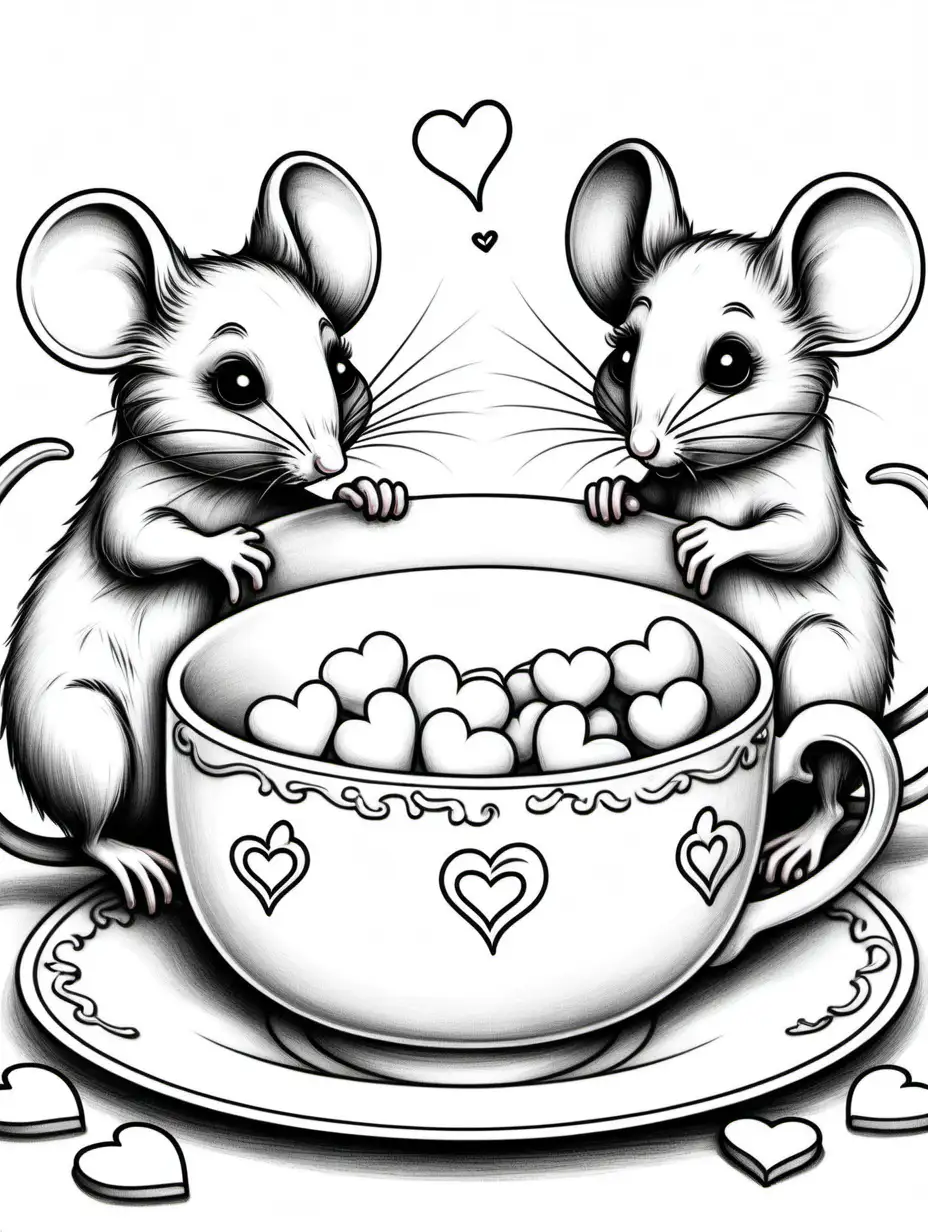 create a black line detailed sketch illustration coloring page of cute mice drinking from teacups decorated with hearts sitting on a table, crisp black outlines, no shading

