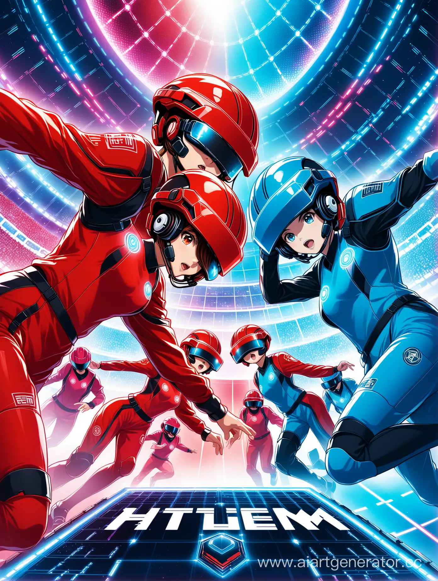 Дизайн плаката, на котором изображены две команды подростков сражающихся в шлемах виртуальной реальности, одна команда в красной форме, другая в синей. Фон напоминает футуристическую арену.