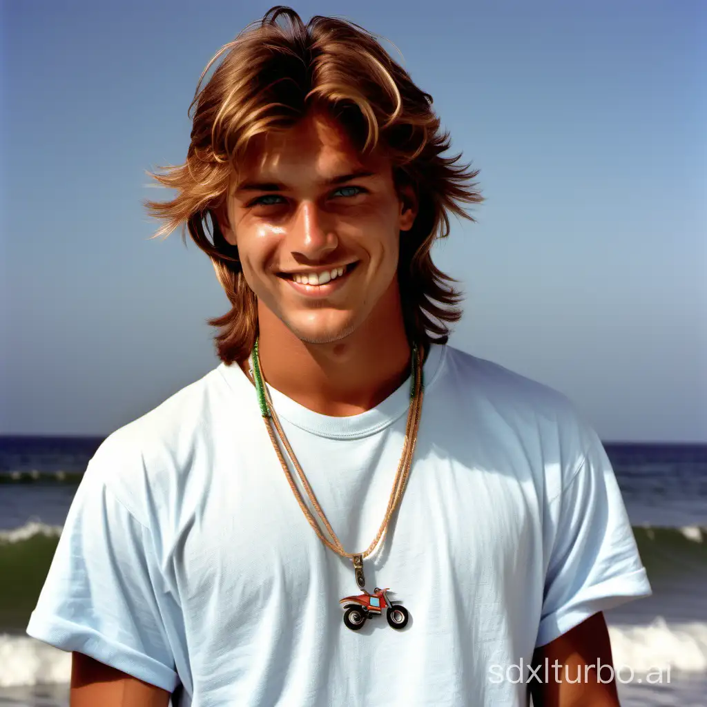 Young man with tanned skin, brown mullet hair, green eyes, white t-shirt, baggy blue jeans, accessorized with a surfer's necklace, edomorphic body, smiling mischievously.