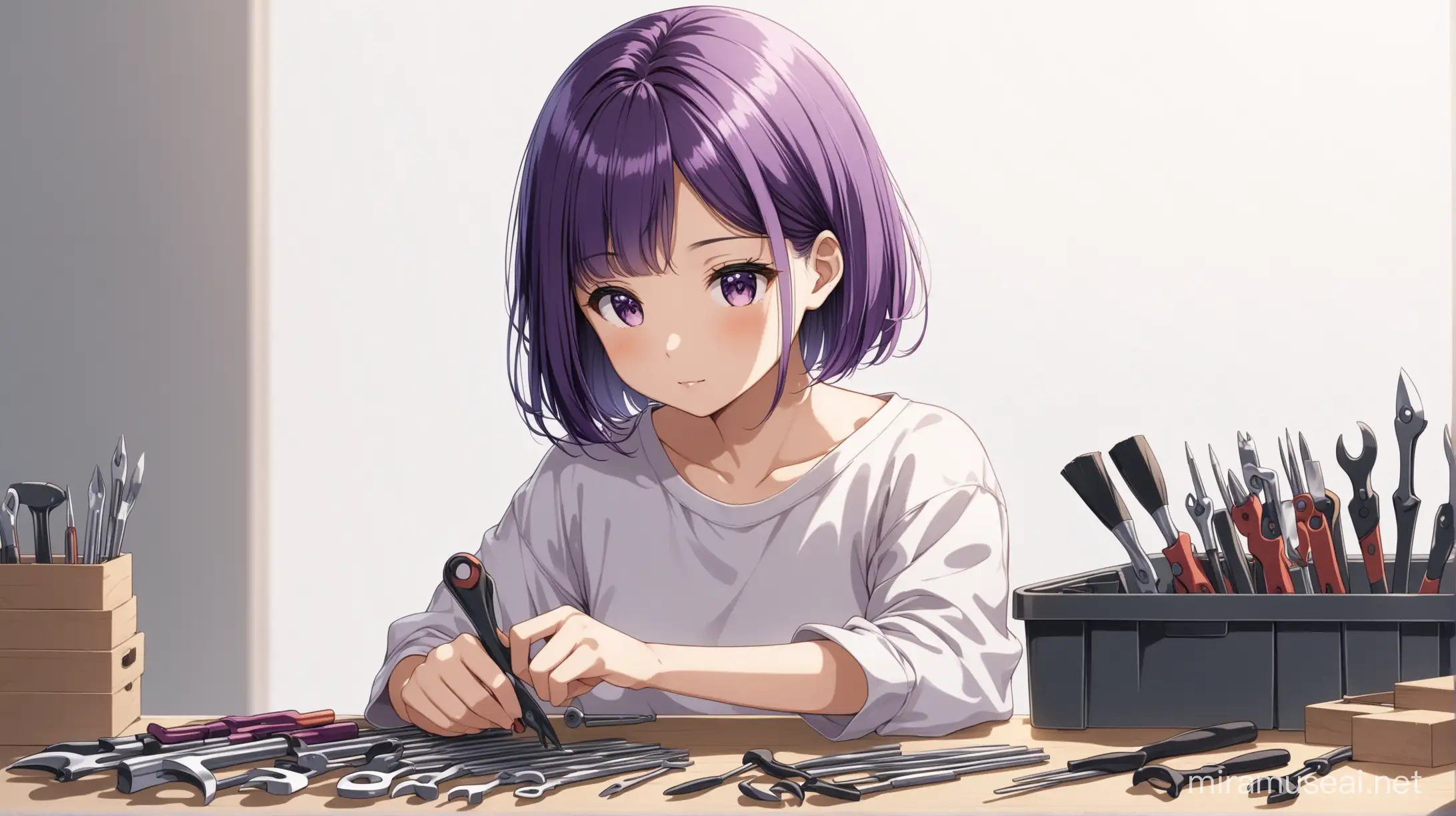 Asian Girl Sorting Tools with Purple Bob Hairstyle on White Background Anime 4K Image
