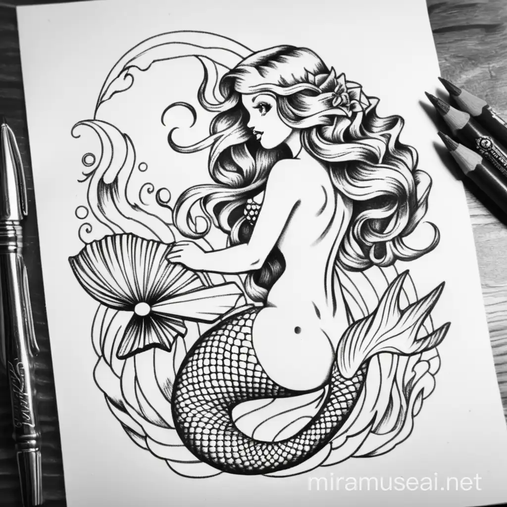 Vintage Tattoo Mermaid Line Drawing
