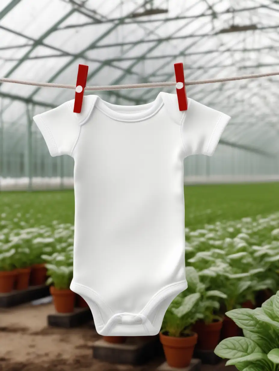 a mock up photo of a white baby bodysuit on a cloths line in a greenhouse
