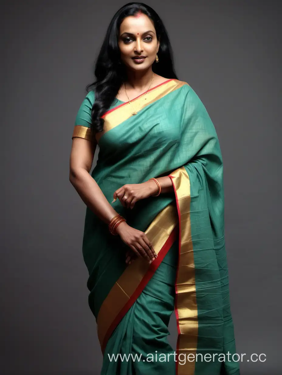 Full body image of A 40 years old kerala woman who looks like malayalam movie actress Swetha Menon. The woman is wearing a casual saree. The woman has very long straight hair. 