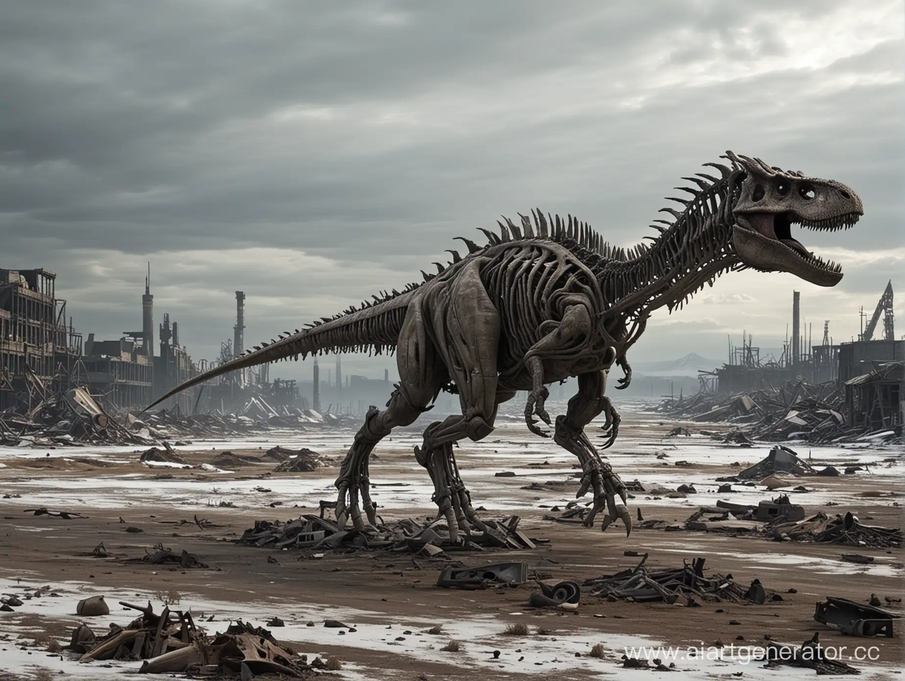 Мутант динозавр во время ядерной зимы ходит по пустошам из человеческих костей
