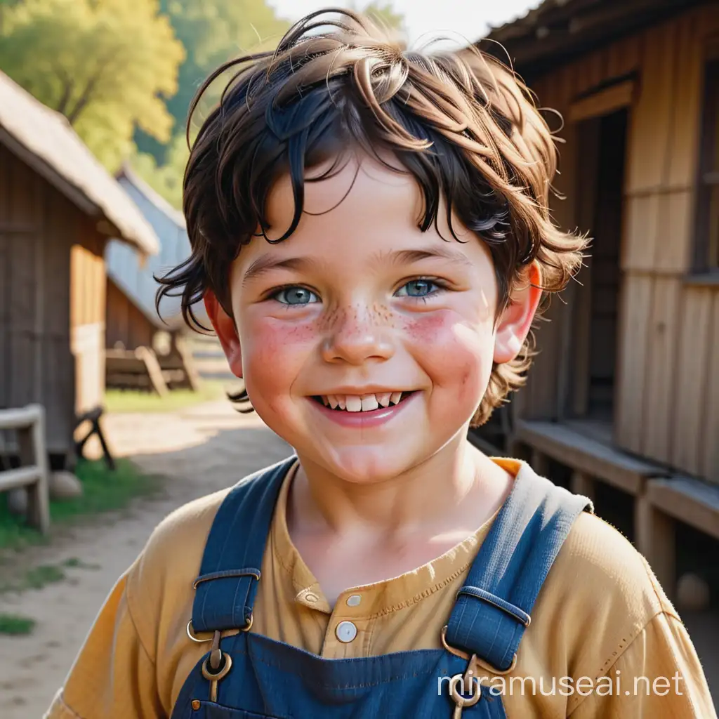 Very detailed photo of a chubby, smiling seven year old peasant  boy, with chubby face with red cheeks, freckles, blue eyes, chubby body, messy black hair, yellow teeth, wearing old-fashioned overalls