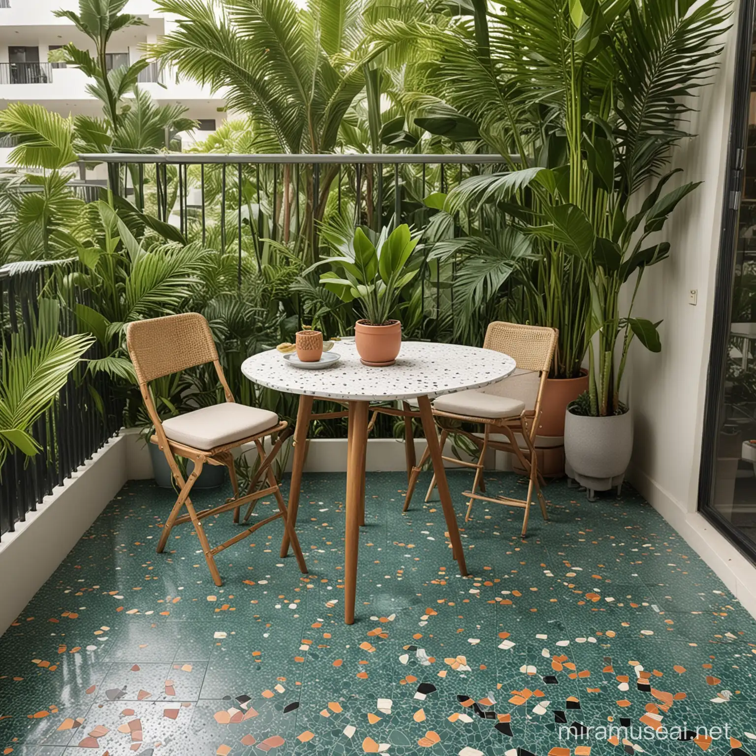 "Imagine a lush tropical oasis on your balcony, with sleek mid century modern design elements and a stunning terrazzo floor