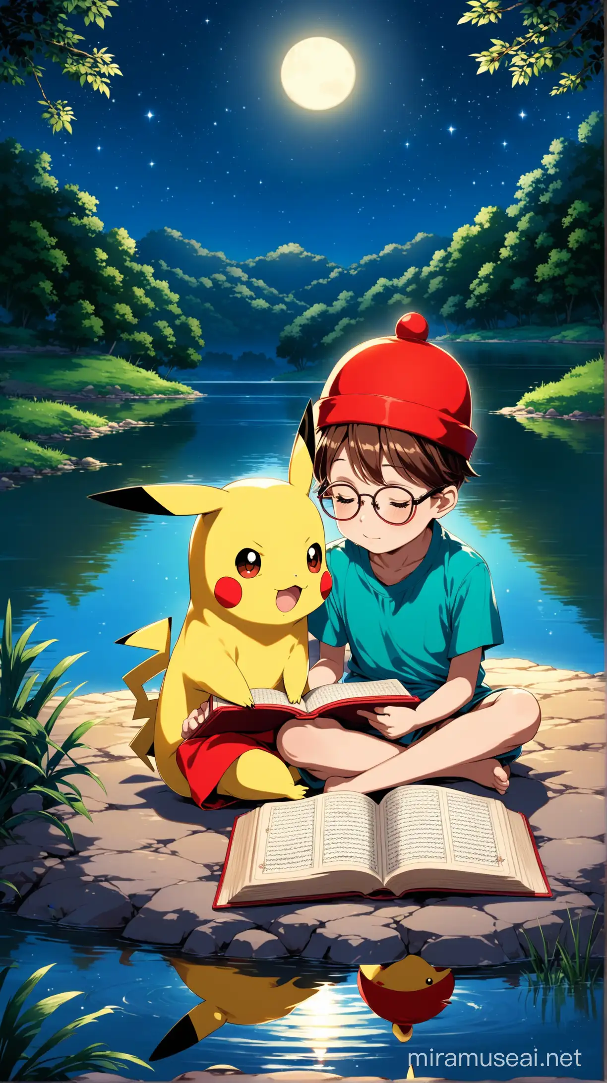 Pikachu is by a lake at night, there are two siblings, one is a girl whose head, neck and legs are covered so that her hair cannot be seen, this girl is a 14-year-old sister, and the other is a boy with a fez on his head and glasses. This child is 8 years old and these characters are reading the Quran together.