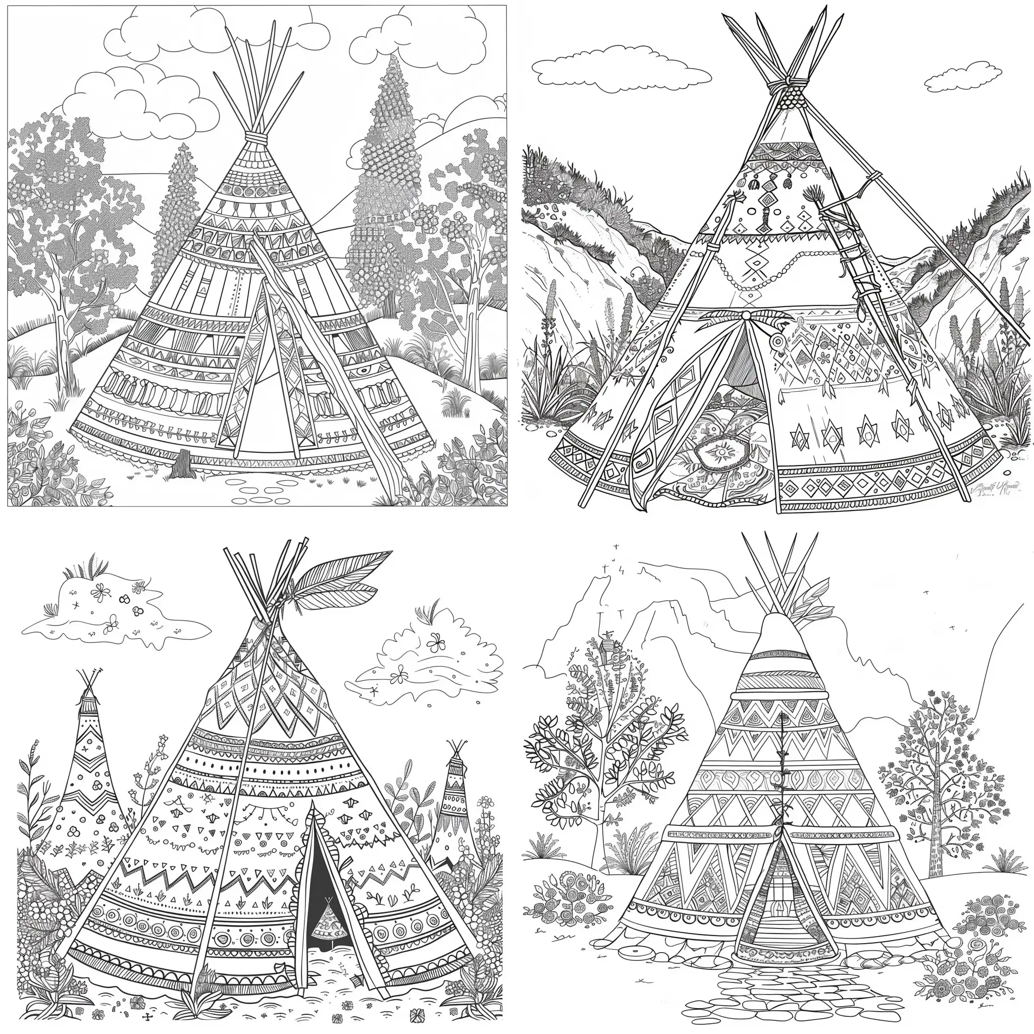 Imagine a coloring book page with a decorated Tipi and no background