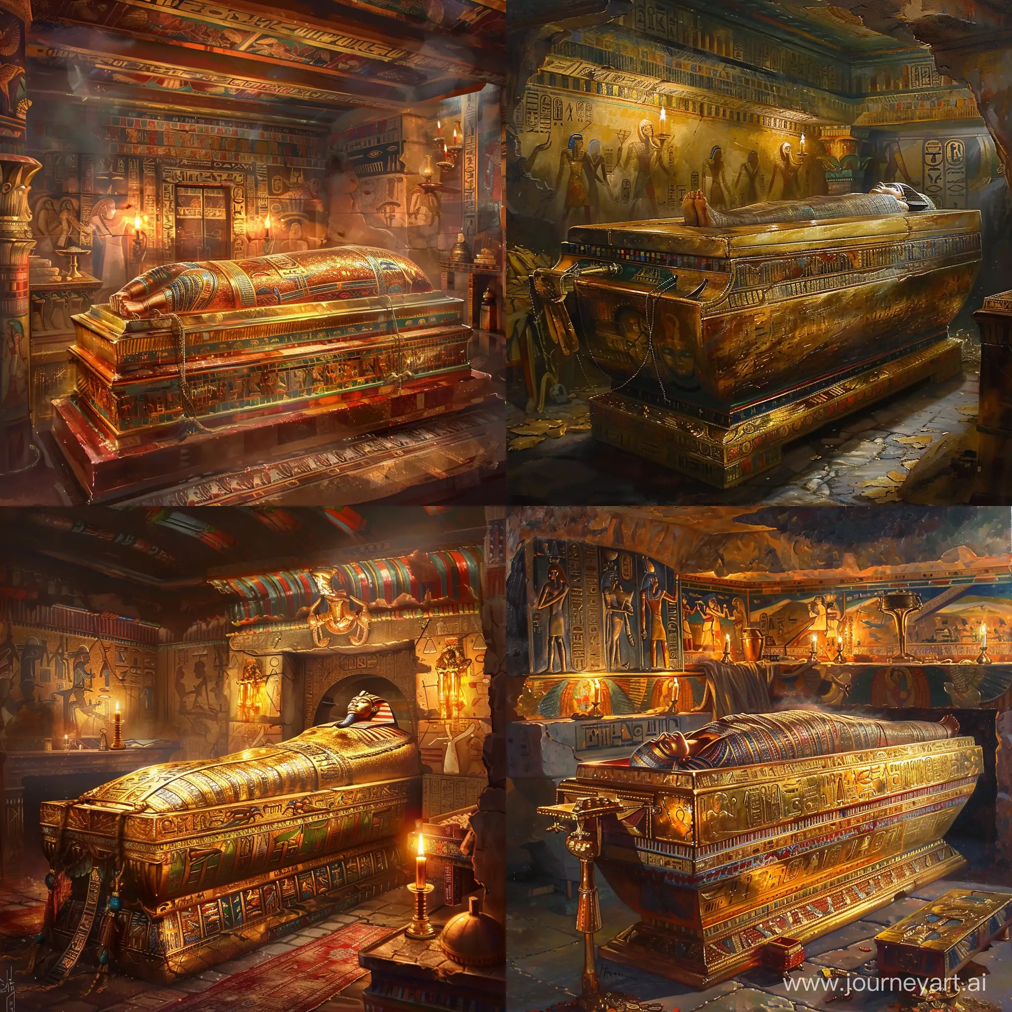 золотой саркофаг с мумией, расписанные стены в гробнице, мерцание масляных ламп, золотые украшения, предметы мебели, Древний Египет, красиво, романтично, картина маслом,