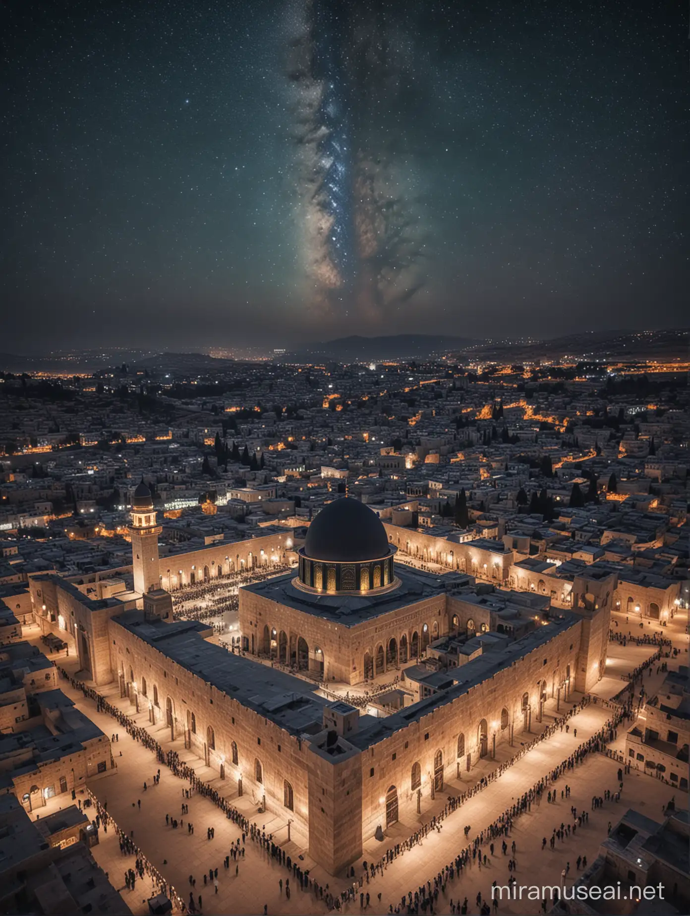 high angle shot image of masjidul aqsa at night. starry mystic looking night is the sky. masjid is glowing with the star light. 