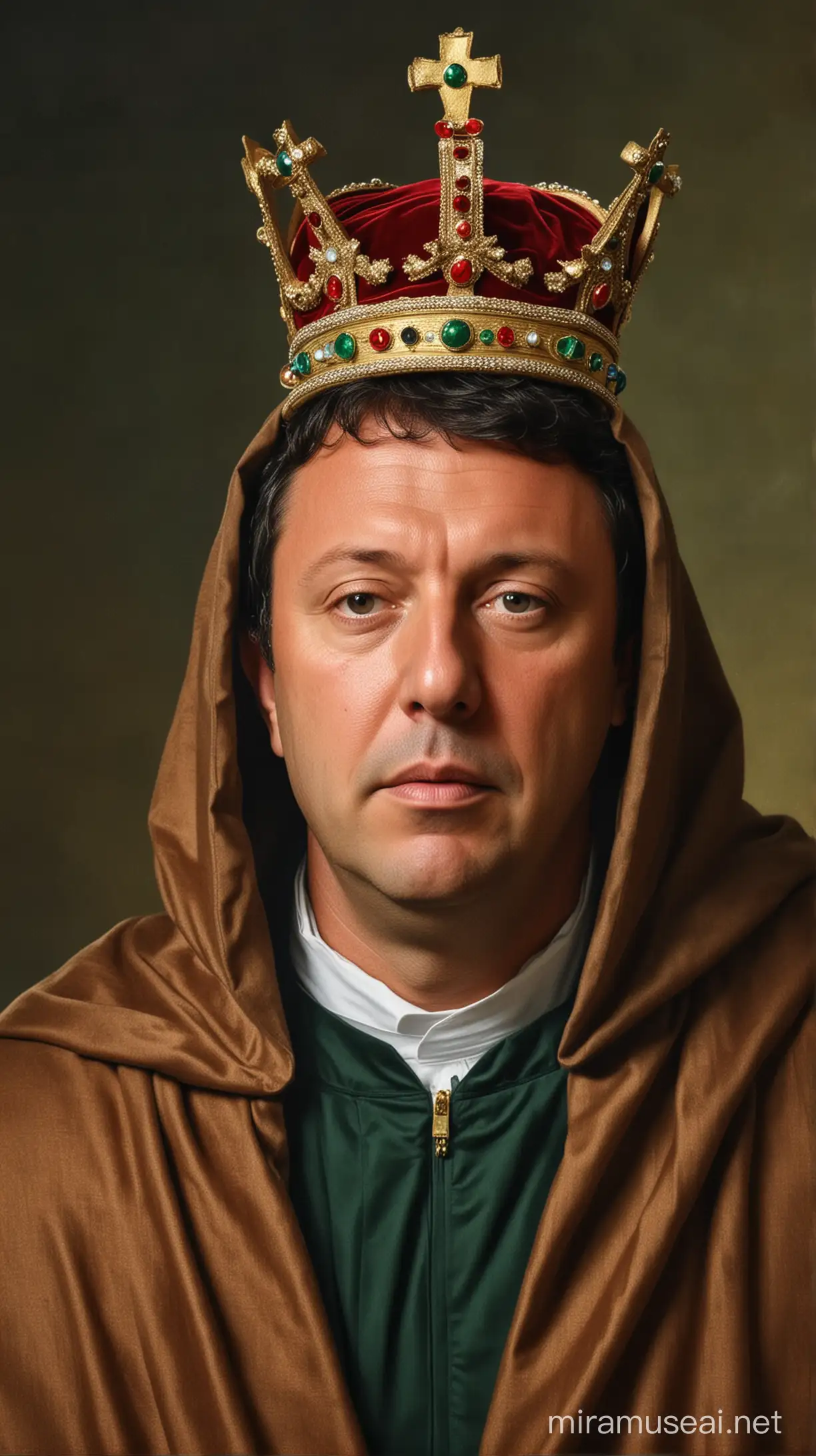 Matteo Renzi with a crown on his head and a cloak on his shoulders needs to have their immunity boosted (needs to be a little more detailed and can show the structure of the human body)