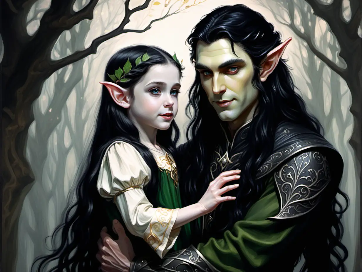traditional painting of a young male elf with long black hair dressed in black, holding a little elf girl with pale skin and long wavy black hair. 